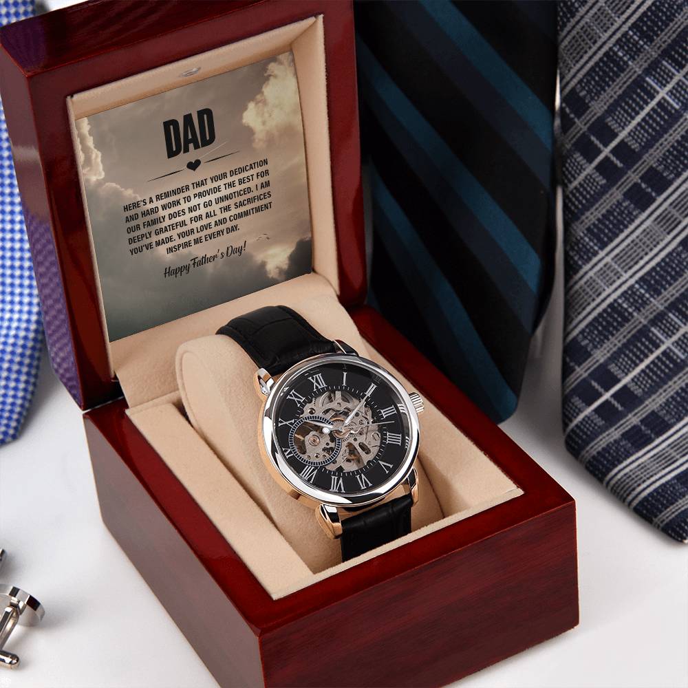 Men's Openwork Watch with Black Leather Band with Pre-Designed or Personalized Message Card