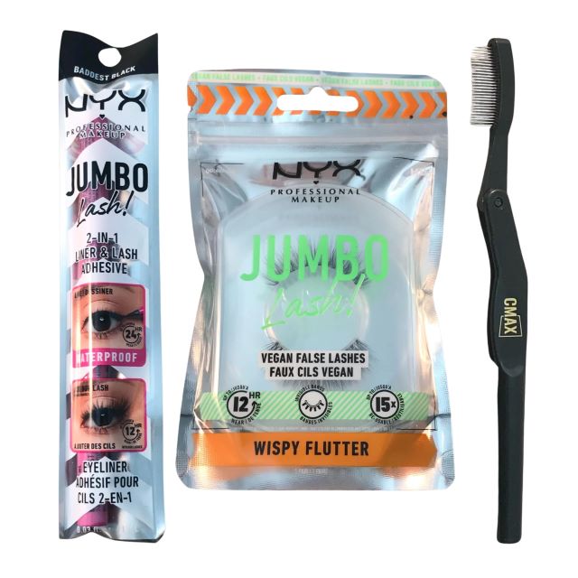 False Eyelashes Kit Bundle including NYX Professional Makeup Wispy Flutter Jumbo Lash! Vegan False Eyelashes, NYX Jumbo Lash! 2-In-1 Eyeliner & Eyelash Glue & CMax Eyelash Comb